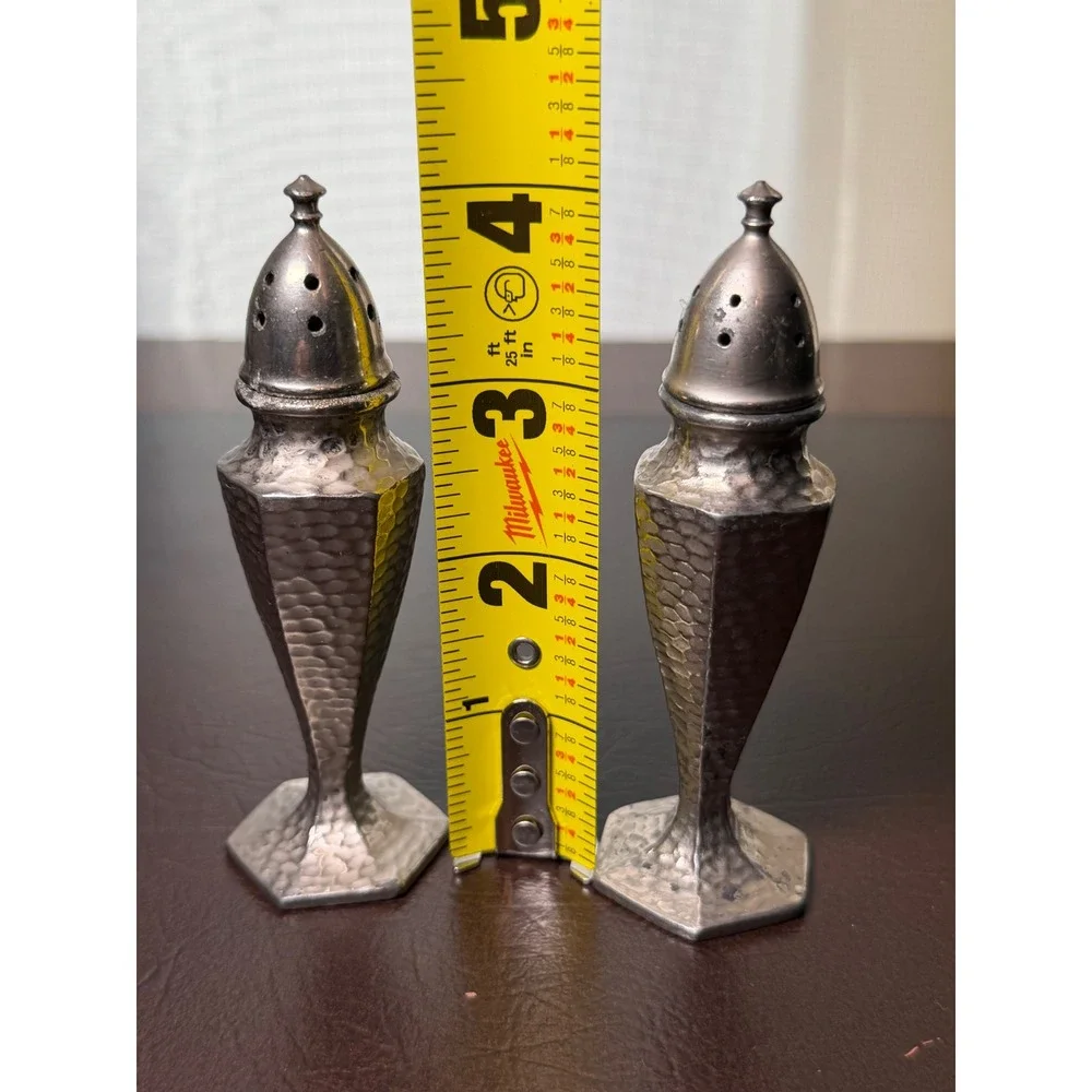 Vintage Hammered Pewter Salt and Pepper Shakers Art Deco Hexagonal Base Set